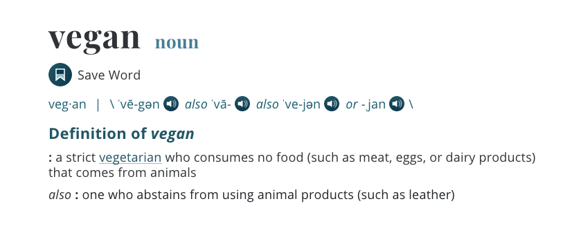 Definition of Vegan in the Merriam Webster dictionary